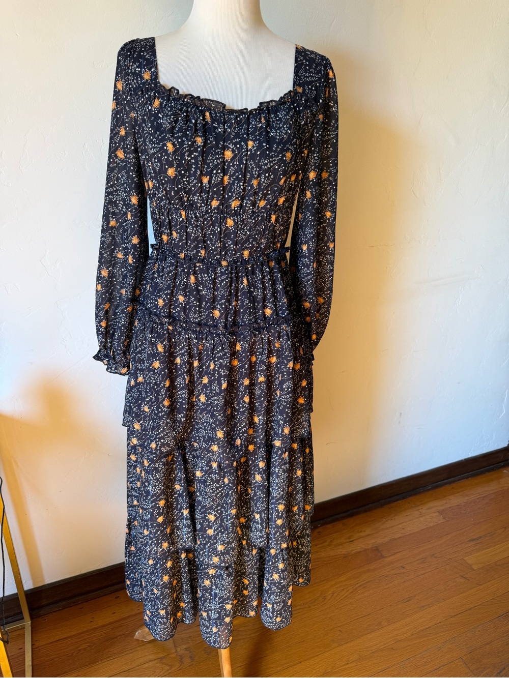 New no tags.Smocked Long-Sleeve Floral Maxi Dress - Navy with Mustard Floral